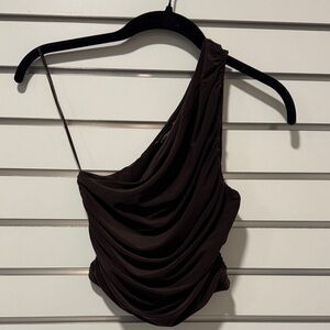 Express One-Shoulder Draped Top – Dark Brown